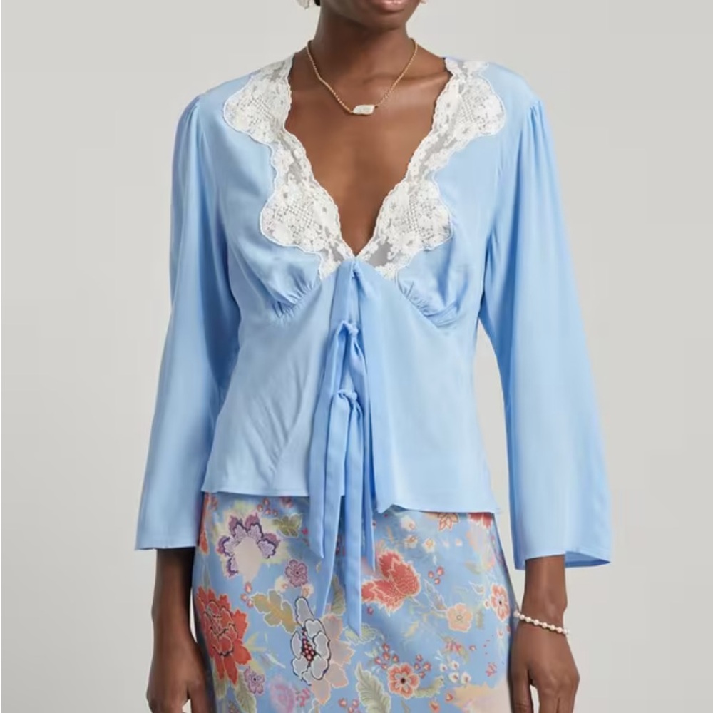 RIXO Light Blue Lace-Trim Tie-Front Blouse